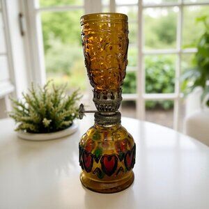 Vintage Miniature Amber Golden Yellow Glass Oil Lamp Victorial Heart Detail 5.5"